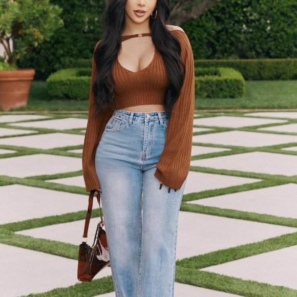 . Sweaters - Crop Halter Knit Top with Shrug Sweater coord set- brown